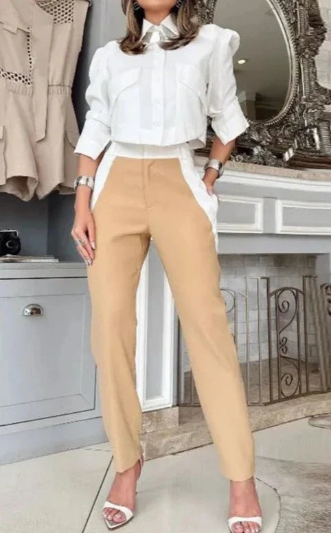 Conjunto de pantalón bicolor y blusa con cuello de solapa AR418